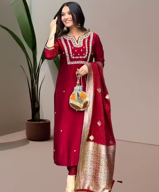 Wedding Kurta Set for Women | Heavy Chanderi Silk Kurti Set with Dupatta & Bottomwear