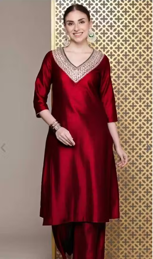 Women Sequence Design Straight Kurta with Palazzo – Maroon | AGANVI