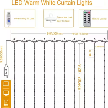 Plastic Fairy Curtain String Lights – Warm White 300 LEDs, USB Powered, 8 Flash Modes with Remote, 3x3 Meter Backdrop Lights