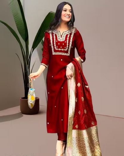 Wedding Kurta Set for Women | Heavy Chanderi Silk Kurti Set with Dupatta & Bottomwear