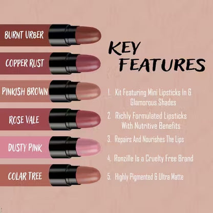 Ronzille Long Lasting Hydrating Mini Lipstick – Pack of 6 (Nude Edition, 6g)