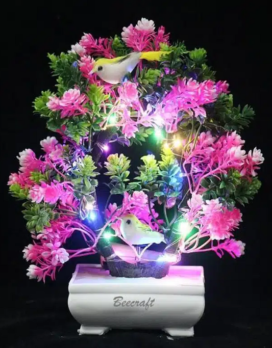 Artificial Bonsai Plant with Pot & Light (Pink & Green, 23 cm)
