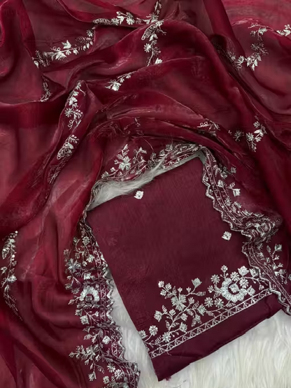 Tranding Fancy Embroidered Saree With Blouse and Cut Work | Women's Shimmer Zimmychoo Embroidery Saree With Unstitched Blouse Piece