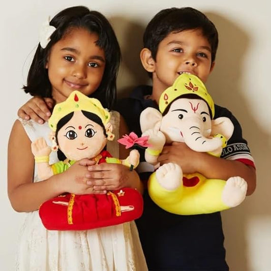 Panda's Box Mantra Chanting Baby Ganesha & Devi Lakshmi (Pack of 2, 28 CM) | Musical Soft Plush Toys | Best Gifts for Infants, Toddlers & Babies