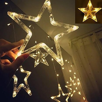 12 Stars 138 LED Curtain String Lights, Window Curtain Lights with 8 Flashing Modes Ramadan Decoration for Christmas, Wedding, Party, Home Decorations,Warm White.