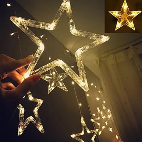 12 Stars 138 LED Curtain String Lights, Window Curtain Lights with 8 Flashing Modes Ramadan Decoration for Christmas, Wedding, Party, Home Decorations,Warm White.
