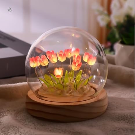 One94Store Tulip LED Night Light, Crystal Ball Table Lamp, Decorative Artificial Flowers, Soft Glow Glass, Living Room Lights, Ideal for Birthday & Gifts - 8 cm, Pink