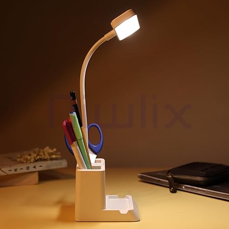 Niwlix Desk Light Lamp LED Plastic White Study Table Lamp College Dorm Room Lighting for Computer Keyboard Desktop Task with Pen Phone Holder for Kids Teens Mini Gooseneck