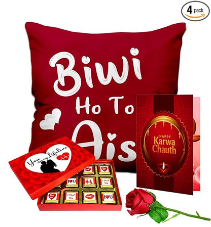 Midiron Romantic Karva Chauth Gifts, Best Karwachauth Gift Combo for Wife/Bhabhi/Womens (Chocolate Box With Greeting Card, Artificial Rose, Quote Printed Cushion Gift For Wife, Special One)