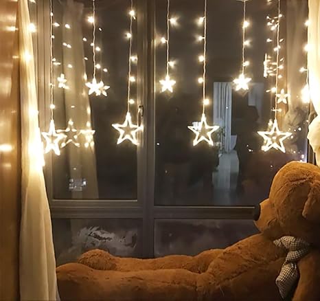 12 Stars 138 LED Curtain String Lights, Window Curtain Lights with 8 Flashing Modes Ramadan Decoration for Christmas, Wedding, Party, Home Decorations,Warm White.
