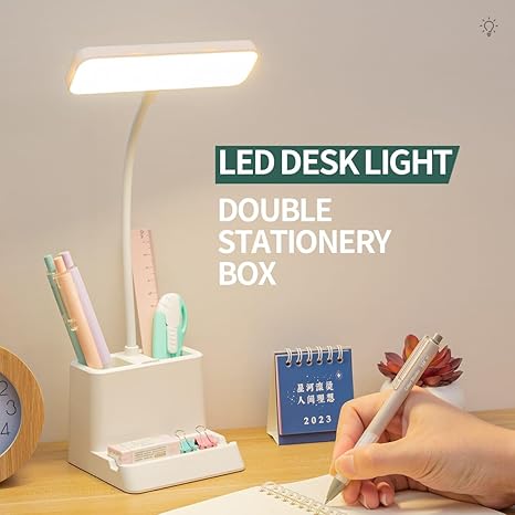Niwlix Desk Light Lamp LED Plastic White Study Table Lamp College Dorm Room Lighting for Computer Keyboard Desktop Task with Pen Phone Holder for Kids Teens Mini Gooseneck