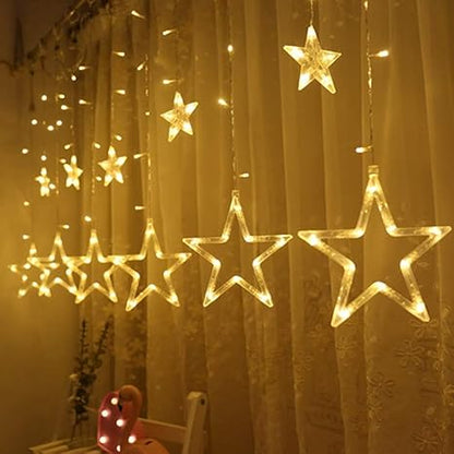 12 Stars 138 LED Curtain String Lights, Window Curtain Lights with 8 Flashing Modes Ramadan Decoration for Christmas, Wedding, Party, Home Decorations,Warm White.