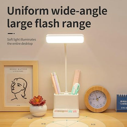 Niwlix Desk Light Lamp LED Plastic White Study Table Lamp College Dorm Room Lighting for Computer Keyboard Desktop Task with Pen Phone Holder for Kids Teens Mini Gooseneck