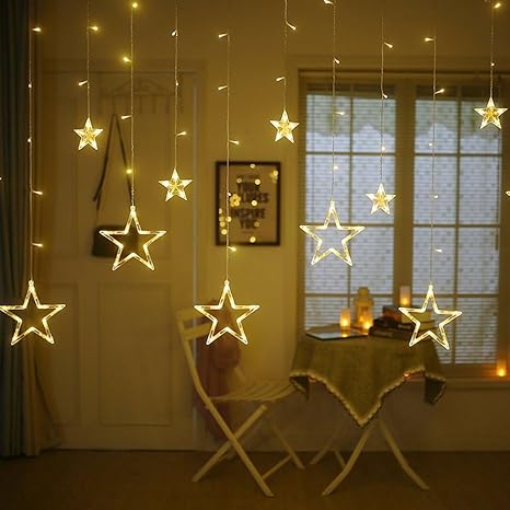 12 Stars 138 LED Curtain String Lights, Window Curtain Lights with 8 Flashing Modes Ramadan Decoration for Christmas, Wedding, Party, Home Decorations,Warm White.