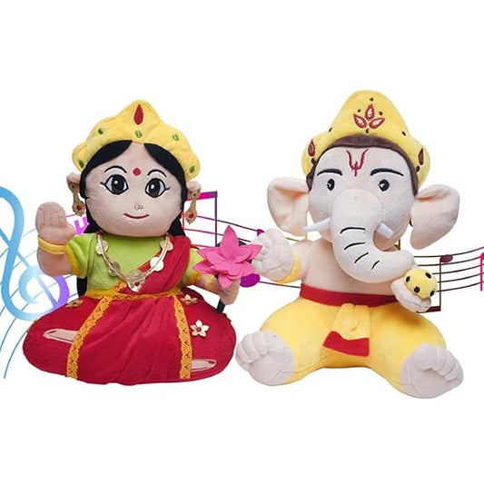 Panda's Box Mantra Chanting Baby Ganesha & Devi Lakshmi (Pack of 2, 28 CM) | Musical Soft Plush Toys | Best Gifts for Infants, Toddlers & Babies