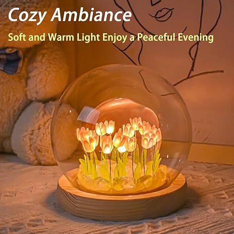 One94Store Tulip LED Night Light, Crystal Ball Table Lamp, Decorative Artificial Flowers, Soft Glow Glass, Living Room Lights, Ideal for Birthday & Gifts - 8 cm, Pink