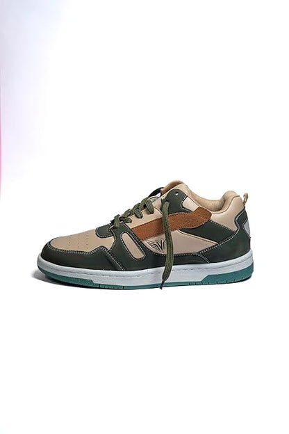 Sneakers, Green and Beige, Suede Accent, Retro Style Sports Shoes