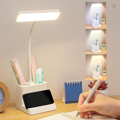 Niwlix Desk Light Lamp LED Plastic White Study Table Lamp College Dorm Room Lighting for Computer Keyboard Desktop Task with Pen Phone Holder for Kids Teens Mini Gooseneck