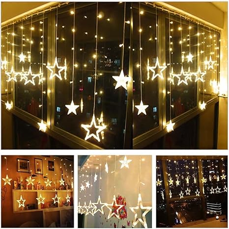 12 Stars 138 LED Curtain String Lights, Window Curtain Lights with 8 Flashing Modes Ramadan Decoration for Christmas, Wedding, Party, Home Decorations,Warm White.