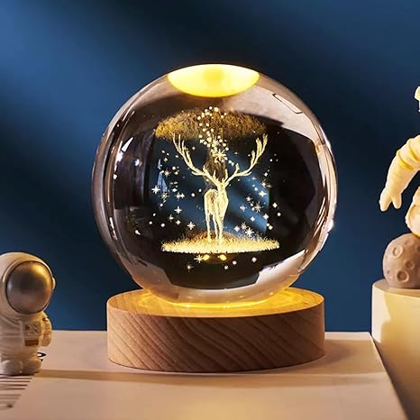 One94Store Crystal Globe Lamp Table Lamp Warm White 3D Engraved Night Light Crystal Ball USB LED Deer Wooden Base 6 cm Home Bedroom Office Décor