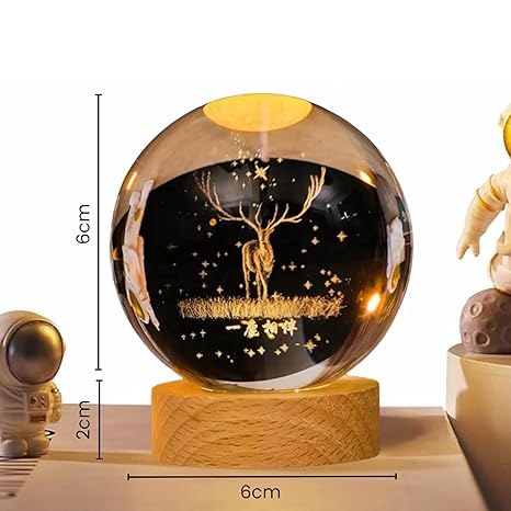 One94Store Crystal Globe Lamp Table Lamp Warm White 3D Engraved Night Light Crystal Ball USB LED Deer Wooden Base 6 cm Home Bedroom Office Décor