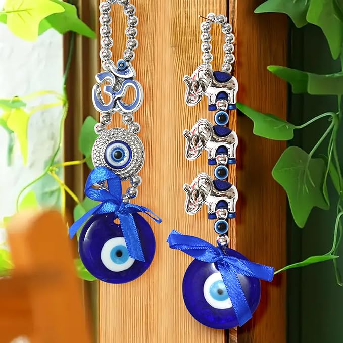 Elephant Blue Evil Eye Feng Shui Hanging for Home Entrance Wall Door Car Dashboard Pendant Ornament Office Good Luck and Prosperity Decorative Gift Items (17.7 cm)