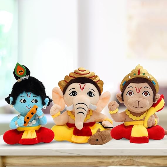 Panda's Box Mantra Chanting Baby Krishna, Hanuman & Ganesha (Pack of 3-Small) | Musical Soft Plush Toys | Best Gifts for Infants, Toddlers & Babies