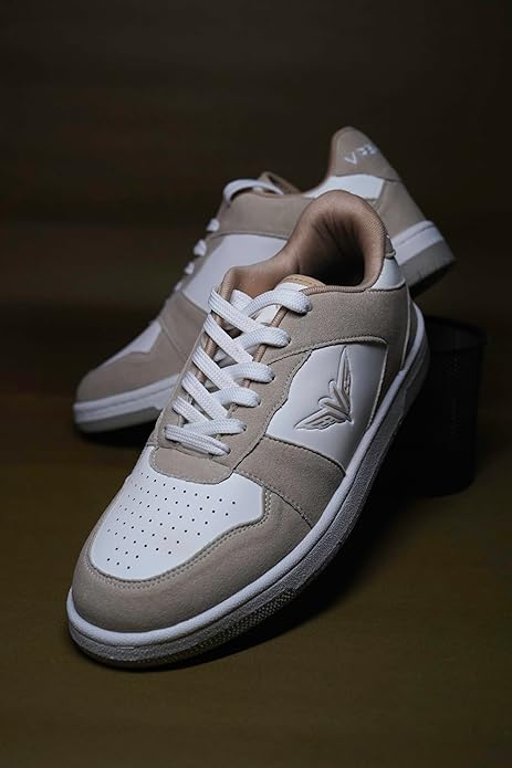 Two-Tone Sneakers, White and Beige, Premium Shoe