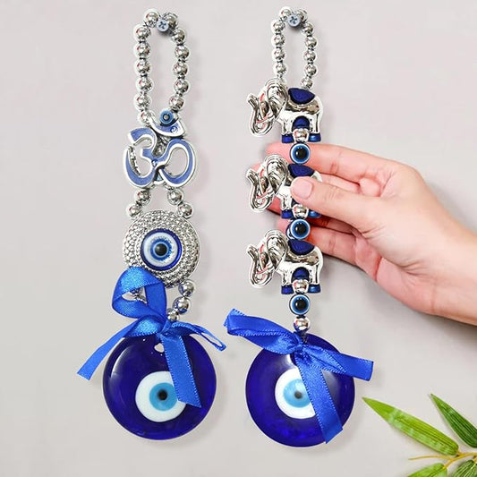 Elephant Blue Evil Eye Feng Shui Hanging for Home Entrance Wall Door Car Dashboard Pendant Ornament Office Good Luck and Prosperity Decorative Gift Items (17.7 cm)