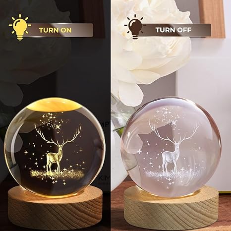 One94Store Crystal Globe Lamp Table Lamp Warm White 3D Engraved Night Light Crystal Ball USB LED Deer Wooden Base 6 cm Home Bedroom Office Décor