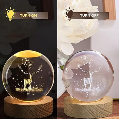 One94Store Crystal Globe Lamp Table Lamp Warm White 3D Engraved Night Light Crystal Ball USB LED Deer Wooden Base 6 cm Home Bedroom Office Décor
