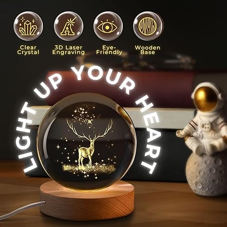 One94Store Crystal Globe Lamp Table Lamp Warm White 3D Engraved Night Light Crystal Ball USB LED Deer Wooden Base 6 cm Home Bedroom Office Décor