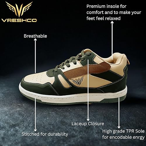 Sneakers, Green and Beige, Suede Accent, Retro Style Sports Shoes