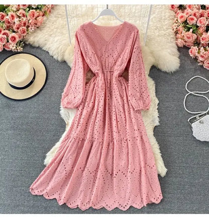 New Korean Chic Solid Color Hollow Out Embroidery Dress Long Sleeve V Neck Dresses Clothing Wholesale
