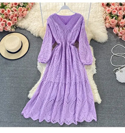 New Korean Chic Solid Color Hollow Out Embroidery Dress Long Sleeve V Neck Dresses Clothing Wholesale