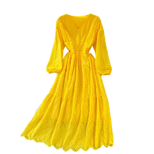 New Korean Chic Solid Color Hollow Out Embroidery Dress Long Sleeve V Neck Dresses Clothing Wholesale