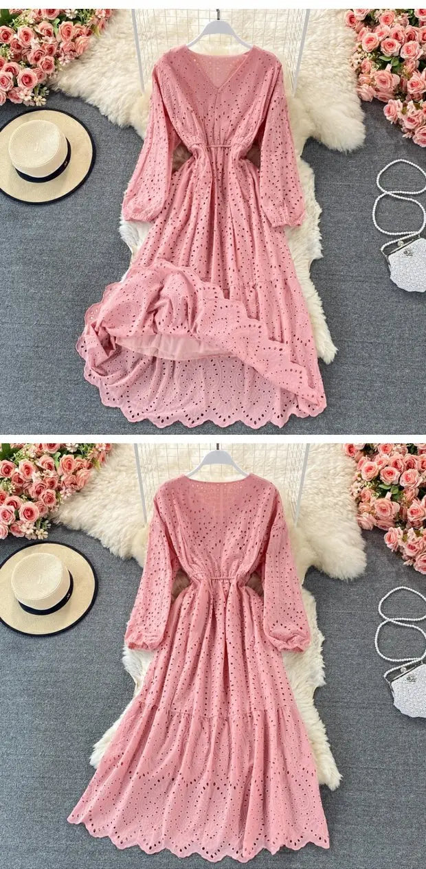 New Korean Chic Solid Color Hollow Out Embroidery Dress Long Sleeve V Neck Dresses Clothing Wholesale