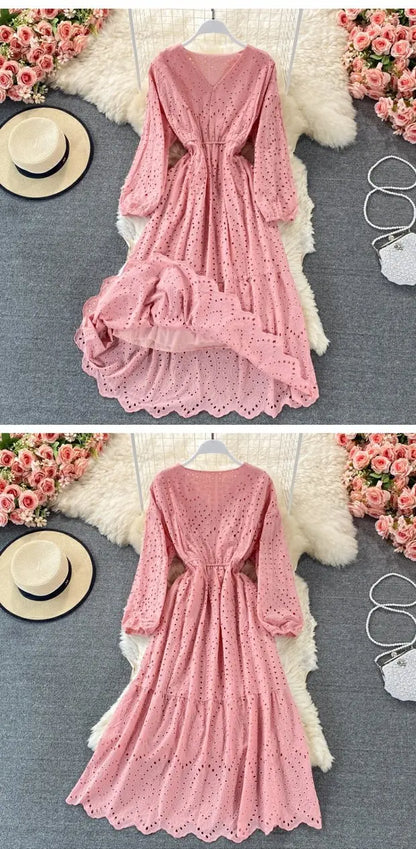 New Korean Chic Solid Color Hollow Out Embroidery Dress Long Sleeve V Neck Dresses Clothing Wholesale