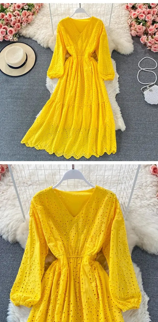 New Korean Chic Solid Color Hollow Out Embroidery Dress Long Sleeve V Neck Dresses Clothing Wholesale