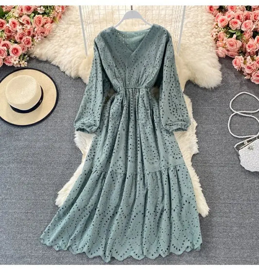 New Korean Chic Solid Color Hollow Out Embroidery Dress Long Sleeve V Neck Dresses Clothing Wholesale