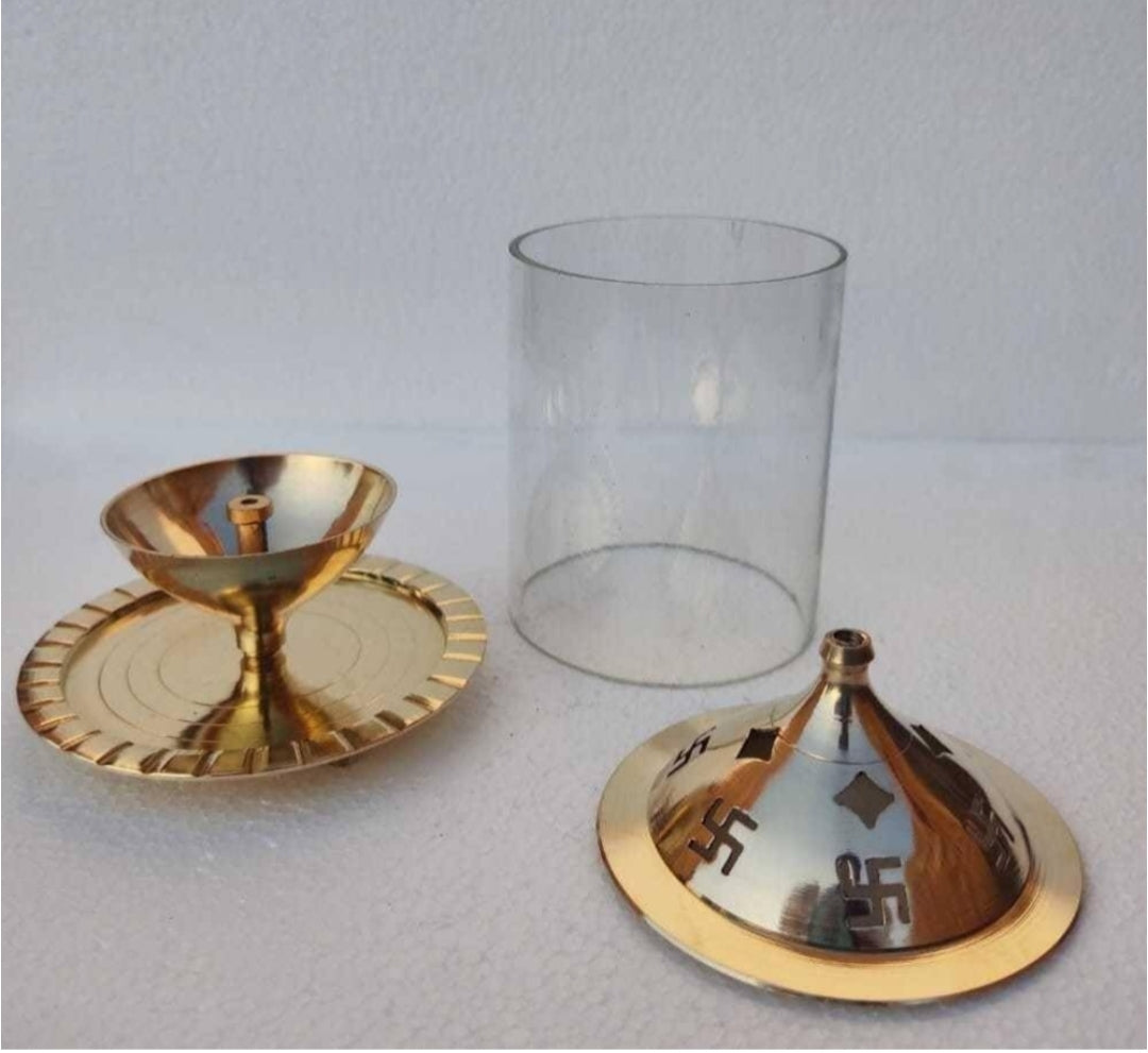 Heaven Decor Brass and Glass akhand deep Diya with Cover for Puja | Deepam Jyot Diya Oil Lamp | Pooja Articles and Pooja Items for Home Temple 4.8 inch