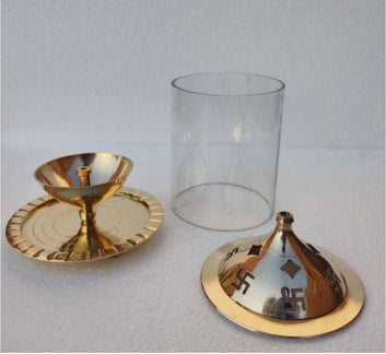 Heaven Decor Brass and Glass akhand deep Diya with Cover for Puja | Deepam Jyot Diya Oil Lamp | Pooja Articles and Pooja Items for Home Temple 4.8 inch