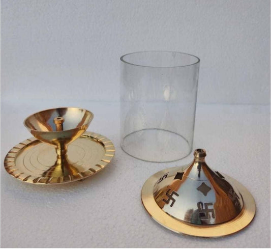 Heaven Decor Brass and Glass akhand deep Diya with Cover for Puja | Deepam Jyot Diya Oil Lamp | Pooja Articles and Pooja Items for Home Temple 4.8 inch