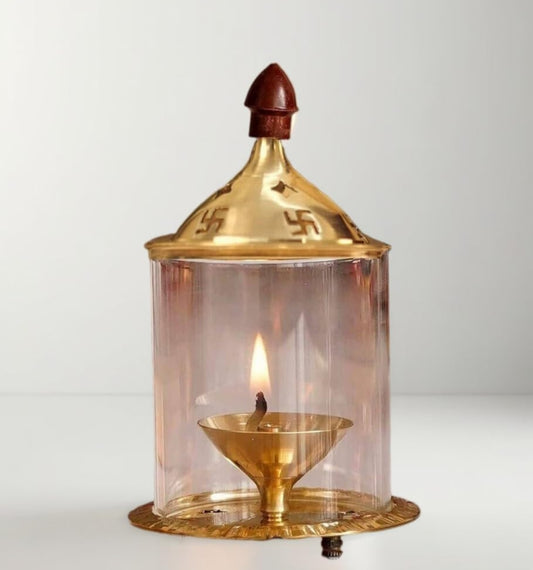 Heaven Decor Brass and Glass akhand deep Diya with Cover for Puja | Deepam Jyot Diya Oil Lamp | Pooja Articles and Pooja Items for Home Temple 4.8 inch