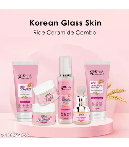 Ceramide Glow Rice Radiance Combo For Korean Glass Skin, Set of 6 - Face Wash, Face Cream, Face Serum, Face Toner, Face Scrub, Peel off Mask