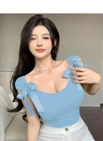 Korean Deep Neck {Ribbon} Top_Sky