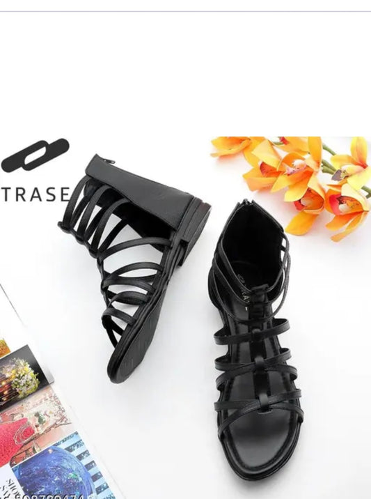 Women's Fashion Sandals | Flat Gladiator Sandals with Zip Closure for Girls | Trendy & Stylish for Formal & Casual Occasions (46066, Black)