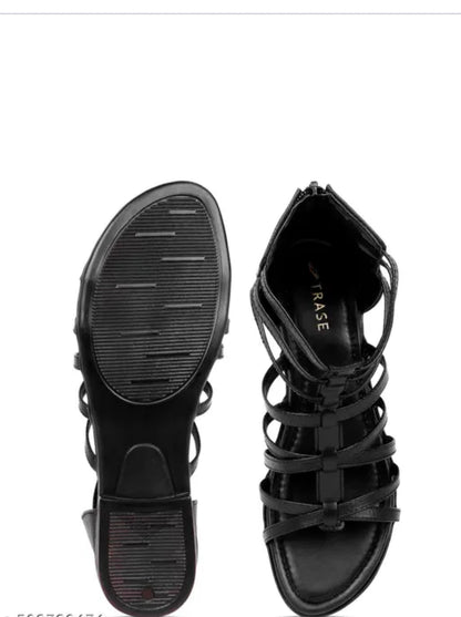 Women's Fashion Sandals | Flat Gladiator Sandals with Zip Closure for Girls | Trendy & Stylish for Formal & Casual Occasions (46066, Black)