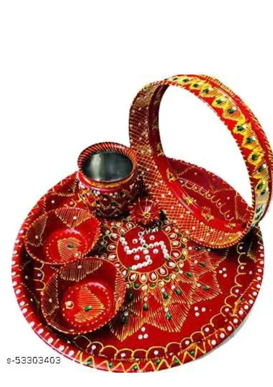 Rockfield Karwa chauth thali Set| karwachauth puja thali Set | Pooja Thal | Lota/Kalash | Channi for Karwa Chauth Pooja, (Thali, Channi, Kalash, Diya, Akshat)