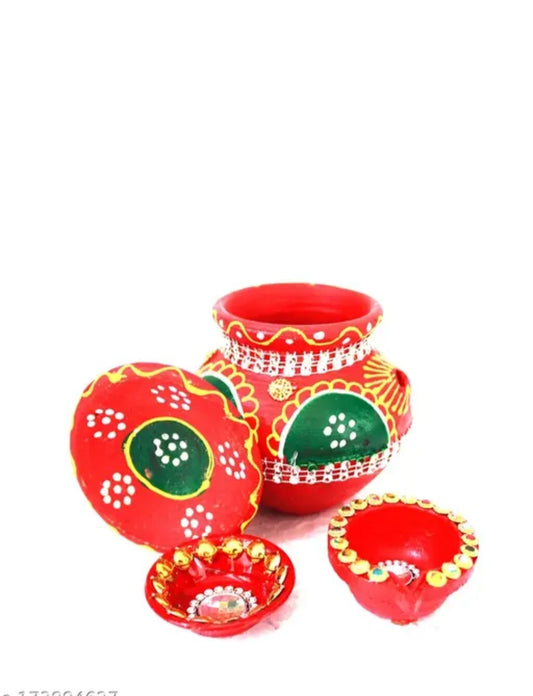 Bossify Clay Karwa Set |Terracotta Kalash | Mitti Karwa | Karwachauth Pooja Set Earthenware (3 Pieces, Multicolor)